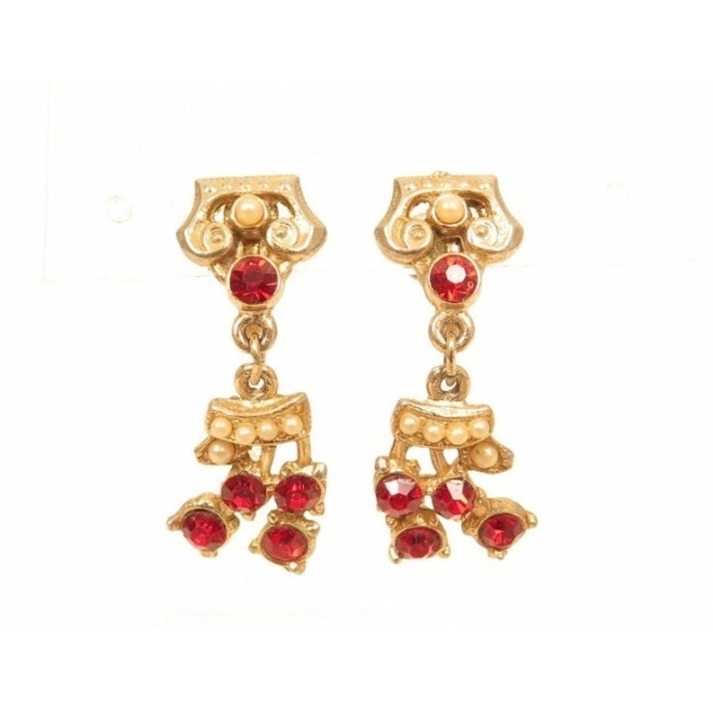 Vintage Red Rhinestone & Pearl Earrings‎